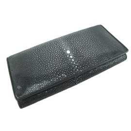 Pelgio Genuine Stingray Skin Leather Women's Clutch Wallet Purse (Polished Black)
