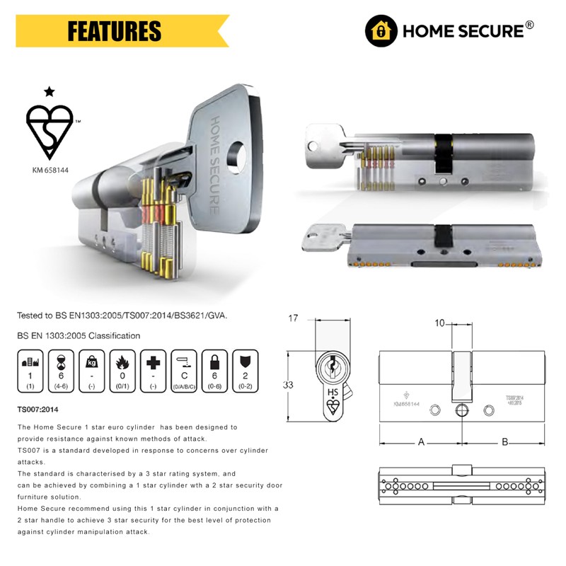 Home Secure™ Euro Cylinder Door Lock TS007 1 Star Security