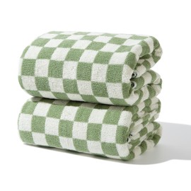 Indulge in Luxury with Checkered Bath Towels - 100% Cotton, Super Soft & Absorbent, Fade-Resistant, Cozy, and Perfect for Gifting (2 Towels) (Green)
