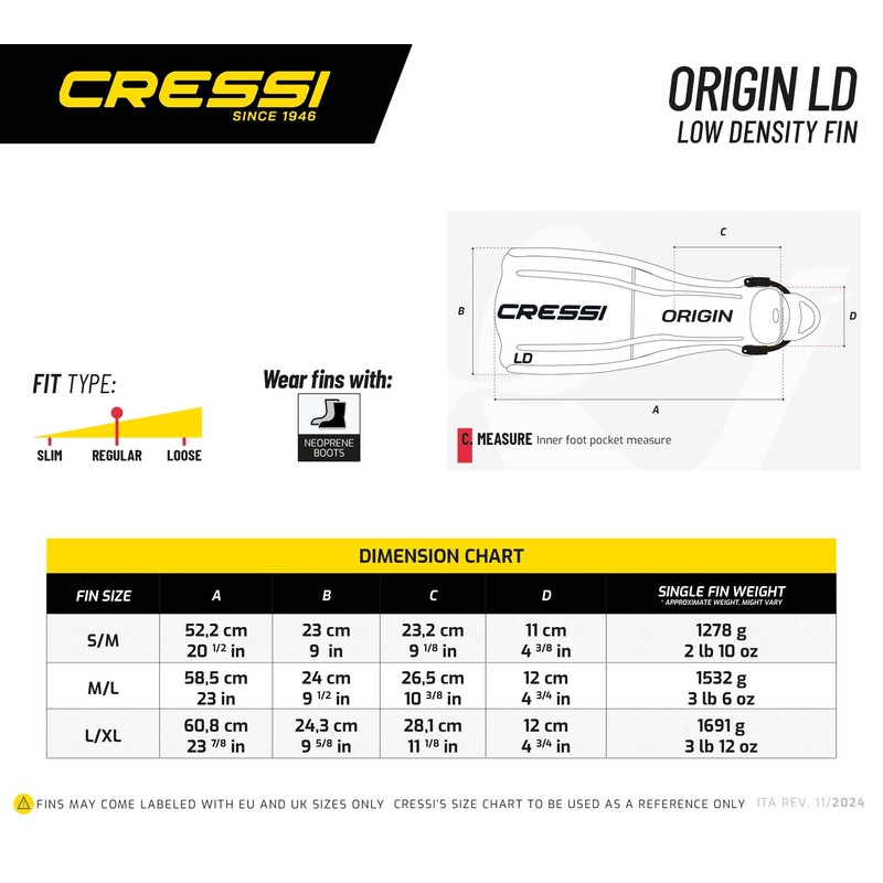 Cressi Origin LD Adjustable Open Heel Fins, Black, S/M