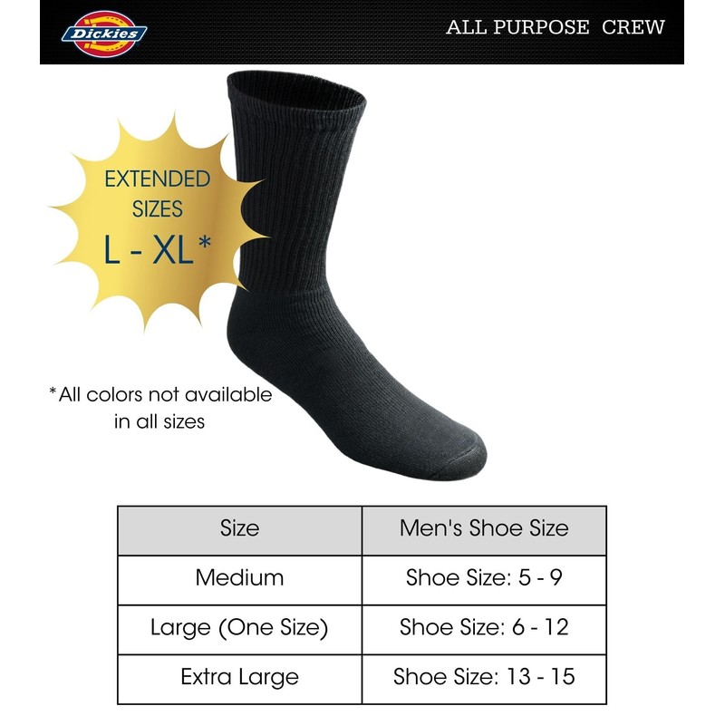 Dickies Men's 6 Pack Cushion Crew Socks, Black, 10-13 Sock/6-12