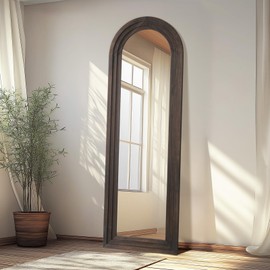 MELOMOIR Arched Full Length Mirror with Solid Wood Frame, 64"x21" Rustic Farmhouse Floor Mirror with Stand, Free Standing Leaning Hanging, for Bedroom Living Room Dressing Room Entryway, Brown