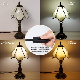 Nizrsky Tiffany Table Lamp,3 Color-Temperature Flowers Stained Glass Lamp,8 Inch Tiffany Style Lamp for Bedroom Living Room Home, Handcrafted Light, Included Bulb (Warm White)