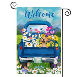 DMERBYL Welcome Spring Garden Flag 12x18 Double Sided, Burlap Small Vertical Spring Truck Floral Garden Yard House Flags with Flower Dog Outside Outdoor House Decoration (ONLY FLAG)