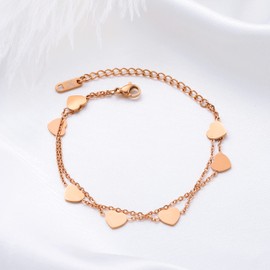 Kim Johanson Love Stainless Steel Women's Anklet in Rose Gold | Double Anklet with 7 Heart Pendants | Women Boho Jewellery | Waterproof | Heart Anklet | Coins | Adjustable Including Jewellery Bag,
