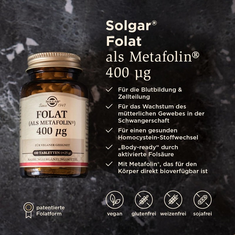 SOLGAR Folate (as Metafolin) 400 mcg, also known as vitamin