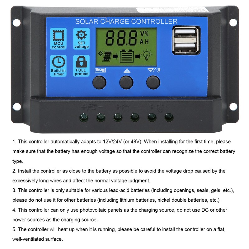 Solar Panel Controller LCD Display Battery Charge Control Dual USB