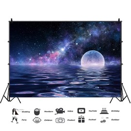 AOFOTO Polyester 5x3ft Night Sky Galaxy Backdrop Full Moon Rise Over The Sea Dreamly Nebula and Ocean Background for Photography Universe Stars Birthday Baby Shower Decor Portrait Photo Studio Props