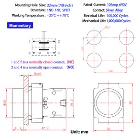 2Pcs 22MM Momentary Push Button Switch 10Amp Yellow 1NO 1NC SPDT Metal Head Waterproof IP65