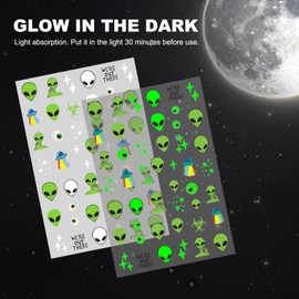 IDDFEVE Alien Nail Art Stickers - Glow in The Dark ET UFO Astronaut Rocket Design Self-Adhesive Nail Decals for DIY Extraterrestrial Space Moon Star Manicure (6 Sheets)