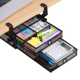 Euyona 2-Tier Clamp-On Mesh Organizer, Under Desk Storage with Slide-Out Tray, No Drilling Tool-Free Installation, Durable Rust-Resistant Metal, Large-Capacity Organizer.