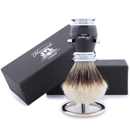 Haryali London Shaving Brush - 2-Piece Shaving Set with Shaving Brush - Shaving Brush Badger Hair Silver Tip - Stainless Steel Shaving Stand Perfect for Shaving - Elegant Black Colour Handle Made of High-Grade Resin