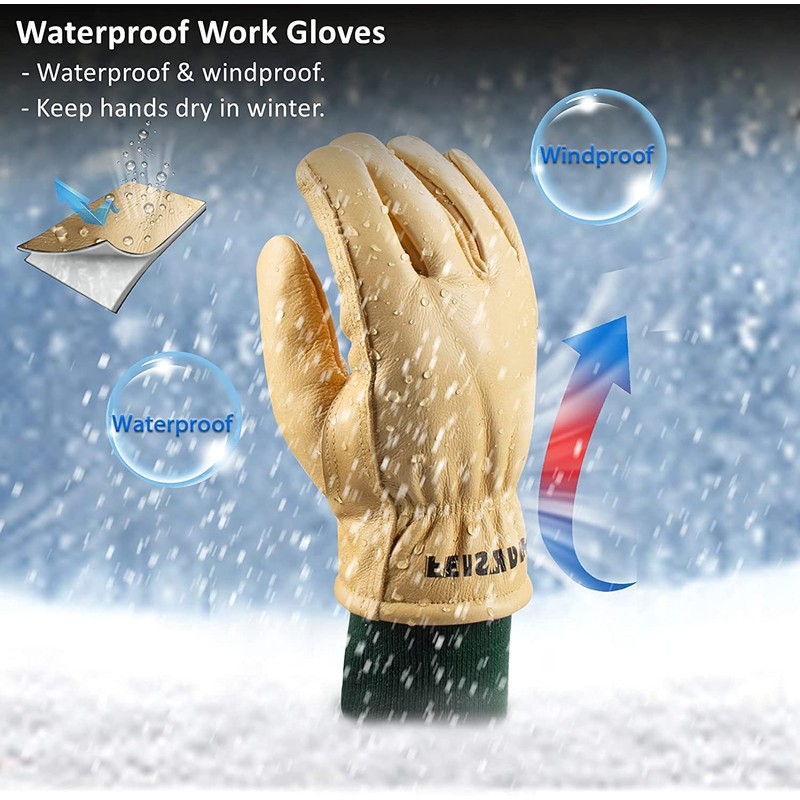 FEISHDEK Waterproof Work Gloves for Men, Winter Insulated Leather Work