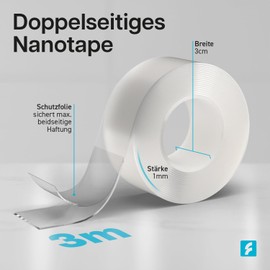 FIXWERK Nano Tape, Double-Sided Nano Tape, Extra Strong, 3 Metre Roll, Removable Tape, Washable & Reusable, Transparent (1 mm x 3 cm x 3 m)