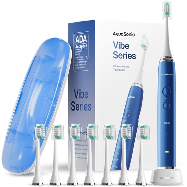 Aquasonic Vibe Series Ultra-Whitening Toothbrush – ADA Accepted Power Toothbrush - 8 Brush Heads & Travel Case – 40,000 VPM Motor & Wireless Charging - 4 Modes w Smart Timer – Sapphire Blue