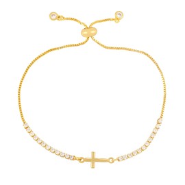 CANYEN Dainty Cross Bracelet for Women, 14k Gold Plated Diamond CZ Bracelets, Simple Cubic Zirconia Tennis Hand Chain with Bolo Slider, Trendy Christian Religious Faith Baptism Jewelry Gifts