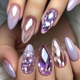 Almond Press on Nails Medium Fake Nails with Designs Purple Glue on Nails French Acrylic False Nails Reusable Artificial Nails Press ons Glossy Full Cover Stick on Nails for Coquette Women