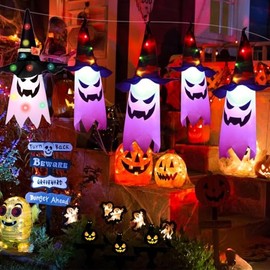 5 Luces de Fantasma de Halloween,Colgantes de Fantasmas de Halloween con Sombrero de Bruja,Luces de Cadena LED,Decoración de Halloween para Interior y