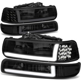 Auto Dynasty 4PCS LED DRL Headlights Assembly and Bumper Lamps Compatible with Chevy Silverado Suburban 1500 2500 3500 Tahoe 99-06, Driver and Passenger Side, Smoked Lens Clear Corner