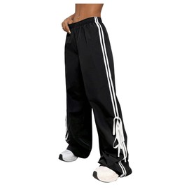 Verdusa Women's Loose Wide Leg Pants Tie Side Striped Elastic Waist Trousers Black Small