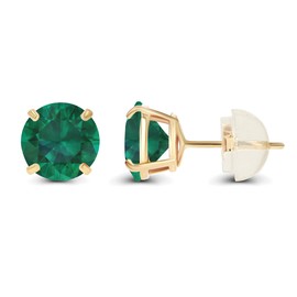 Solid 14K Yellow Gold 6mm Round Created Green Emerald May Birthstone Prong Set Stud Earrings For Women