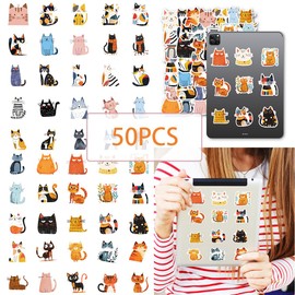 Pack of 50 Waterproof Cartoon Cat Stickers Set, Cute Cat Stickers, Waterproof Vinyl Stickers, Aesthetic Stickers, Scrapbook, Contains 50 Different Stickers