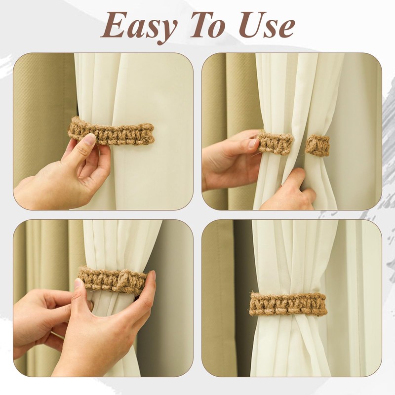 Qianyu 2 Pack Braided Curtain Tiebacks Rustic Drapes Holdbacks Handmade