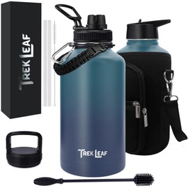 Trek Leaf Travel Water Bottle with Carrying Bag, 3 Lids (Spout, Straw, Handle), and Bottle Brush; Leak Proof, Quality, Vacuum Insulated, Stainless Steel (Deep Water, 64 oz)