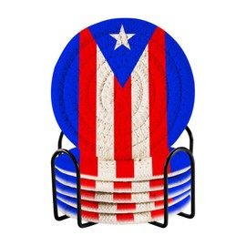 Aflyko Patriot Coasters for Drink Flag of Puerto Rico Coaster Set with Metal Holder Cotton Woven Coaster for Coffee Table Bistro Home Kitchen Island Holiday Housewarming Gift 6 Pack
