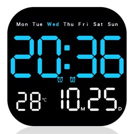 Reloj de pared digital, Se Puede Colgar o Colocar Pie Reloj Despertador de visualización Grande con Control Remoto, Reloj Digital con Luz Nocturna, Fecha Semana, Temperatura para recámara (Azul)