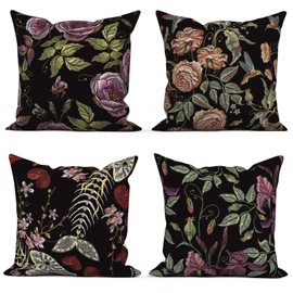 Black Gothic Floral Throw Pillow Covers, Purples Flower Dark Decorative Velvet Pillow case, Rose Hummingbird Pattern 4-Pack Double-Side Printed Pillowcases for Sofa Home Living Room, 18x18 in