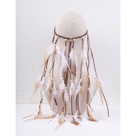 Jumwrit Bohemian Feather Headband Indian Gypsy Headpiece with White and Brown Feather Tassel Adjustable Braided Rope Beaded Hairband Hippie Accessories for Women and Girls