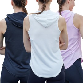 Womens Workout Hooded Tank Yoga Tops Running Shirts Quick Dry Gym Sleeveless Hoodie 3 Pack Black White Light Pink US Size M