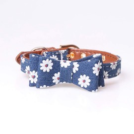 Egurs Adjustable Sunflower Blue Dog Cat Leather Collar with Bow Tie for Small Medium Dog Cat Collor with Bow Tie, s