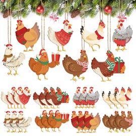 24 Pcs Christmas Chicken Ornament Set Wood Christmas Scarf Chicken Pendant Decorative Hanging Ornaments Farm Animal Ornaments Wooden Home Decor for Outdoor Xmas Tree Festival Party Decor