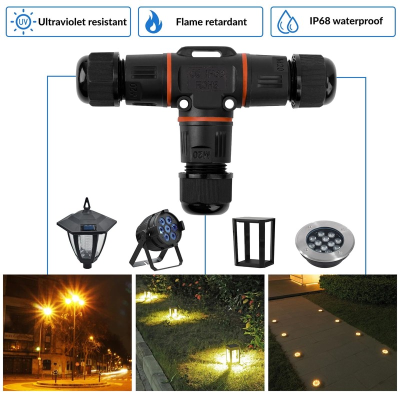 Pack of 2 Cable Connectors Waterproof IP68, T-shape Junction Box,