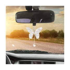 KHGUZ Bling Butterfly Car Accessories, Crystal Rhinestone Vehicle Rear View Mirror Charms, Lucky Diamond Auto Interior Hanging Ornament Pendant for Women Girls, Universal for Most Cars (AB Color)