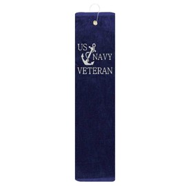 Navy Anchor Veteran USN Tri-fold Golf Towel with Grommet & Hook Club Ball Tee Golfing Gift Birthday Navy Blue Towel with Silver Vinyl 15" x 18\