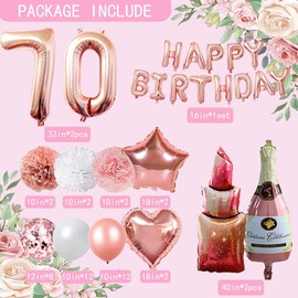 QYIMMIO 70th Happy Birthday Decorations for Women Rose Gold Happy Birthday Banner Number 70 Balloons Fringe Curtain Hanging Swirls Tablecloth Birthday Crown Photo Props for 70th Birthday Party