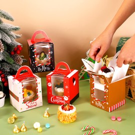 24 Pcs Christmas Cupcake Boxes Christmas Cookie Boxes with Window Insert Handle Christmas Muffin Pastry Holder Boxes Xmas Cupcake Gift Box Bakery Treat Boxes for Christmas Party (Bear)