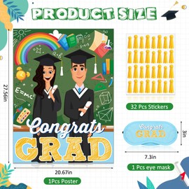 PullCrease Pin The Tassel on The Graduate Graduation Party Game Poster with 32 Stickers Blindfold Pin Game Set Grad Party Supplies Decorations