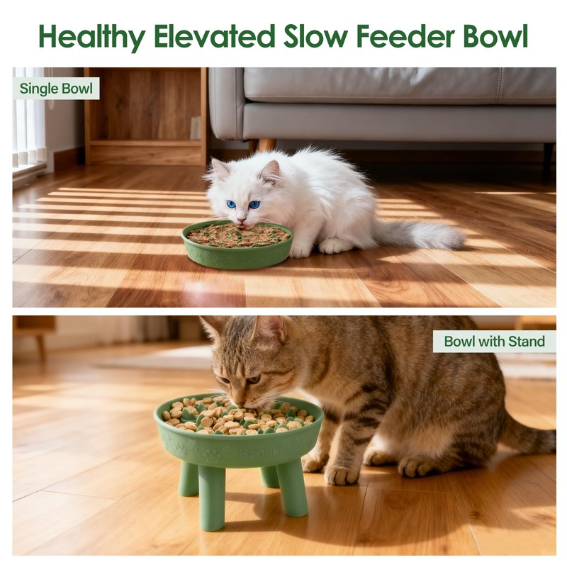 Silicone Slow Feeder Cat Bowl with Detachable Stand, Green