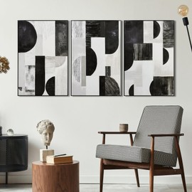 Zessonic Abstract Black White and Grey Wall Art Framed Geometry Canvas Print Modern Contemporary Edgy Blocks Artwork for Living Room, Bedroom, Office Decor - Set of 3, 24x36 Inch (Ready to Hang)