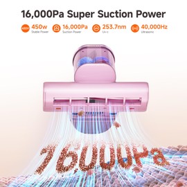 uwant Bed Cleaner with 16Kpa Suction Metal Roller 253.7nm Uv-c Light Mattress Vacuum Cleaner 36000RPM/Min 149℉ Heating HEPA Filter&Ultrasonic Mattress Vacuum for Sofa, Pillow, Bed Throws, Pink