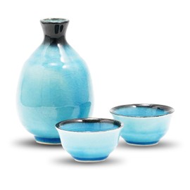 COTONOHA Handcrafted Mino Ware Sake Set with Turkish Crackle Glaze – 11 fl oz Ceramic Tokkuri and Cups for Hot & Cold Sake, Durable Japanese Pottery Gift & Home Decor (Blue)