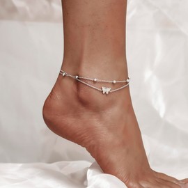 CHIC & ARTSY Butterfly Anklet 925 Sterling Silver Created Opal Butterfly Anklet Bracelet Double Layer Butterfly Anklet Chain Butterfly Anklet Boho Butterfly Layered Anklet Bracelet