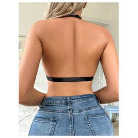 SHENHE Women's Halter Neck Lace Plunge Bralette Front Closure Unpadded Wireless Bra Black X-Large