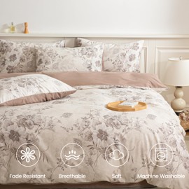 BISELINA 100% Cotton Reversible Brushed Floral 3-Piece Duvet Cover Set - Soft & Cozy, Large Flower Print, Seasons, 1 Comforter Cover and 2 Pillow Shams, Coffee and White, King