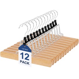 TOPIA HANGER 12 Pack Wooden Pants Hangers, Hair Extension Hangers Non Slip Skirt Hanger Wood Clamp with Velvet Padded 360° Swivel Hook for Jeans, Skirts, Trousers, Wigs Natural CT67N