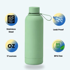 Insulated Water Bottle -17 oz Stainless Steel Rubber Coated Double Wall Water Bottles - Water Thermos Leakproof Lightweight,BPA Free - Gym Water Bottle (Avocado Green)
